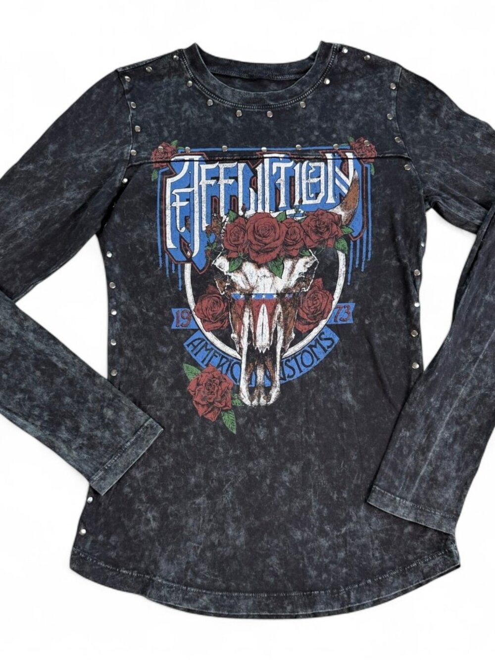 Affliction American Customs 1973 Women's S Black Skull Graphic Top Studs